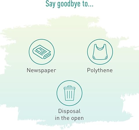 Iconic representation of reducing newspaper, polythene, and open disposal with a green watercolor background.