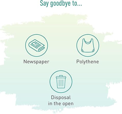 Iconic representation of reducing newspaper, polythene, and open disposal with a green watercolor background.