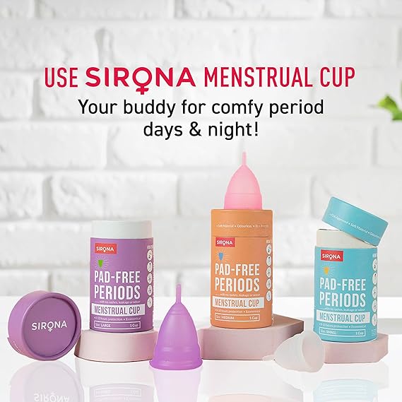 Sirona menstrual cups displayed with packaging on a white background