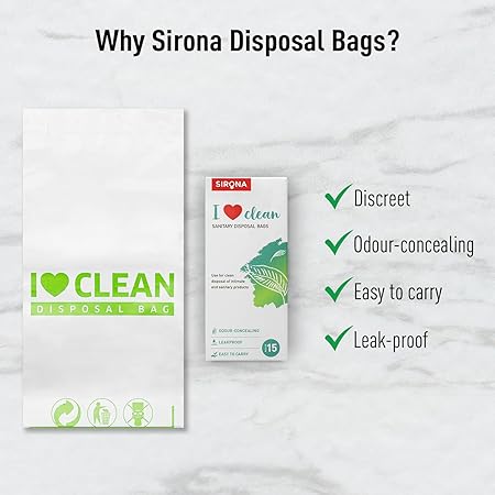 Sirona disposal bags packaging with features listed on a white background