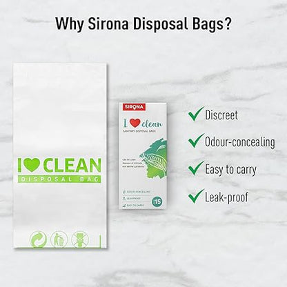 Sirona disposal bags packaging with features listed on a white background