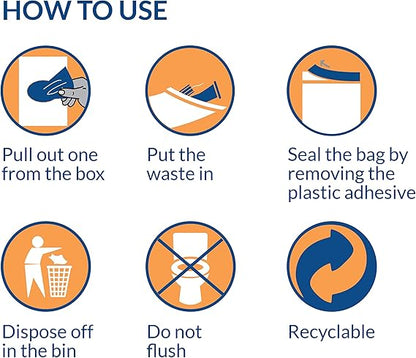 Instructions on how to use a waste disposal bag with icons and text.