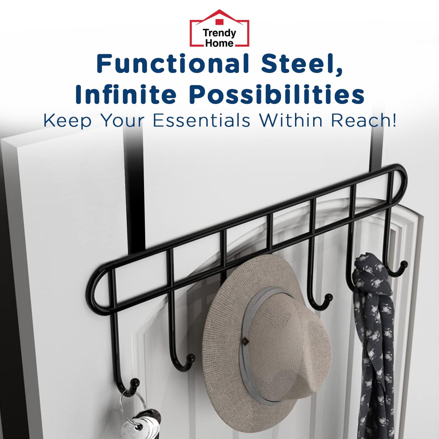 Trendy Home Over-The-Door Hook (Pack of 2) Heavy-Duty Over Door Hanger Holder for Coat Hanging, Robe, Hat, Clothes, Towels, Bathroom Organiser, Towel Rack, 7 Hooks, Matte Black