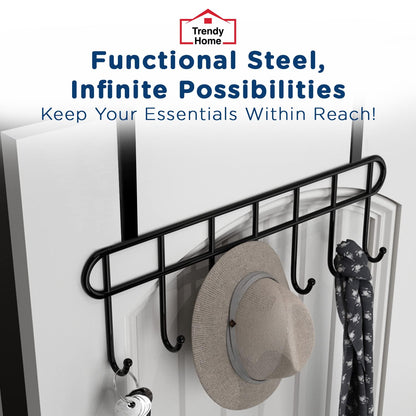 Trendy Home Over-The-Door Hook (Pack of 2) Heavy-Duty Over Door Hanger Holder for Coat Hanging, Robe, Hat, Clothes, Towels, Bathroom Organiser, Towel Rack, 7 Hooks, Matte Black