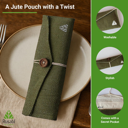 Rusabl Stainless Steel Cutlery Set Reusable Travel for Daily Use, Gifting and Traveling, Spoon and Fork Set (Spoon, Fork, Steel Straw, Cleaner, Napkin and Jute Pouch (Green)