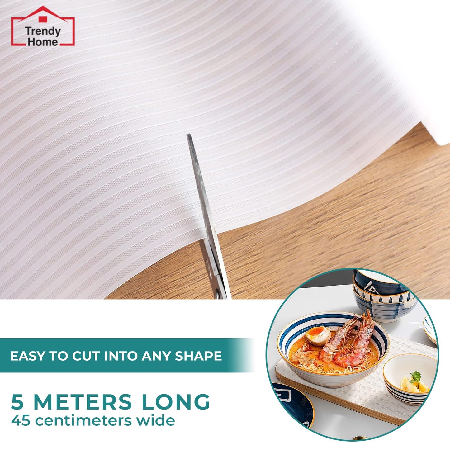 Senego Multipurpose Anti-Slip Mat for Kitchen (45 cm x 5 m), Food Grade & Washable, Mat for Fridge, Shelves, Cupboards, EVA Shelf Liner Sheet for Drawers & Wardrobe (Stripe Texture, White)