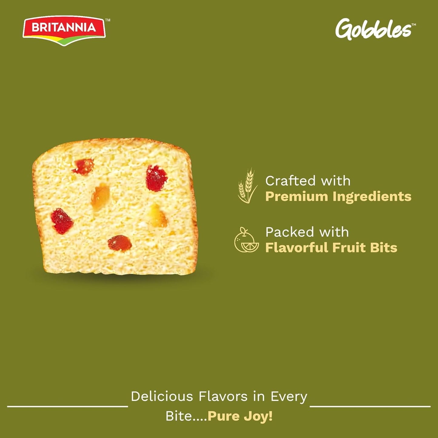 Britannia Gobbles Eggless Fruit Cake | Soft & Delicious Tea Snack with Rich Fruit Bits Perfect for Breakfast & Tea Time 9.7oz (275g) Pack of 1