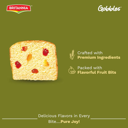 Britannia Gobbles Eggless Fruit Cake | Soft & Delicious Tea Snack with Rich Fruit Bits Perfect for Breakfast & Tea Time 9.7oz (275g) Pack of 1