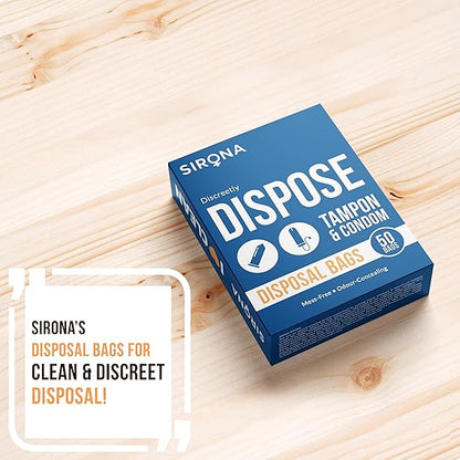 Box of Sirona disposal bags for clean and discreet disposal on a wooden surface