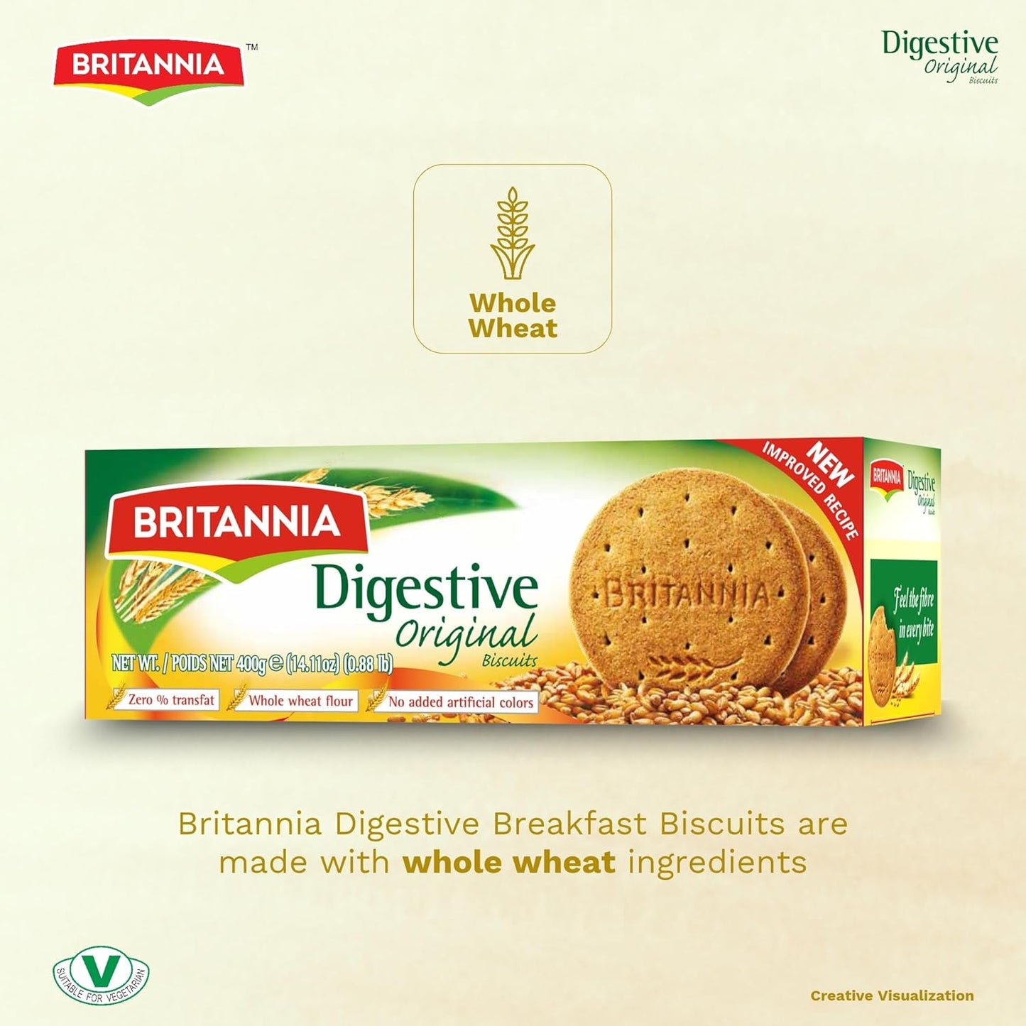 Britannia Digestive High-Fiber Biscuits | Healthy Whole Wheat Cookies No Added Sugar Crisp Tea Time Snack (400g)