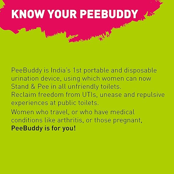 Advertisement for PeeBuddy on a green and pink background