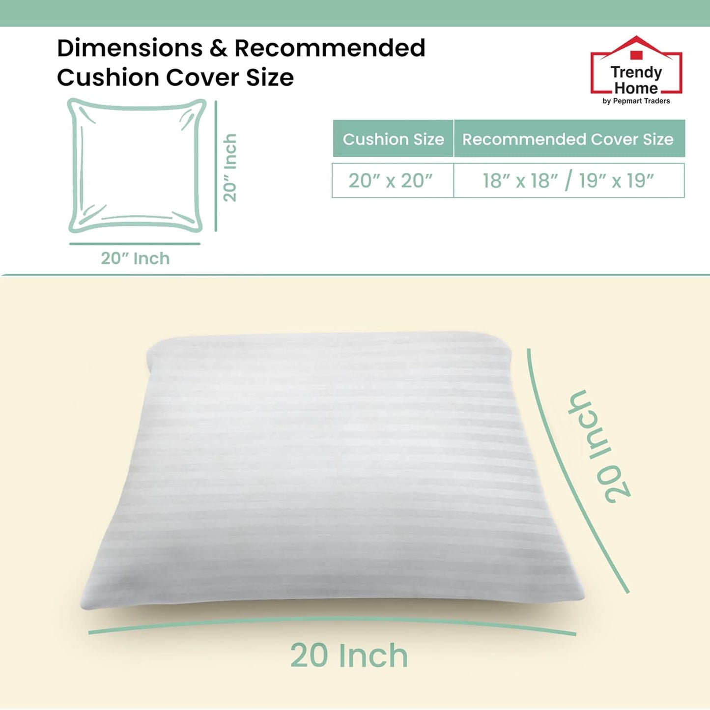 Trendy Home 20x20 Throw Pillow Insert (Set of 2, White) Bed and Couch Pillows Stuffer Hypoallergenic, Decorative Home Indoor Outdoor Sofa Pillow Filler (Machine Wash, 2 Pack)