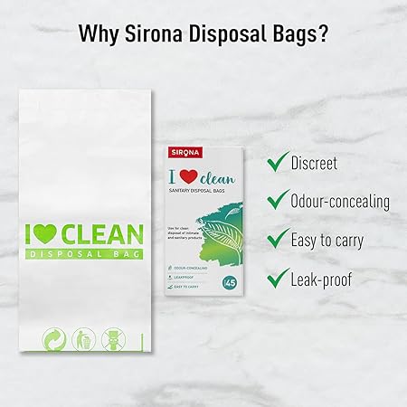 Sirona disposal bags packaging with features listed on a white background