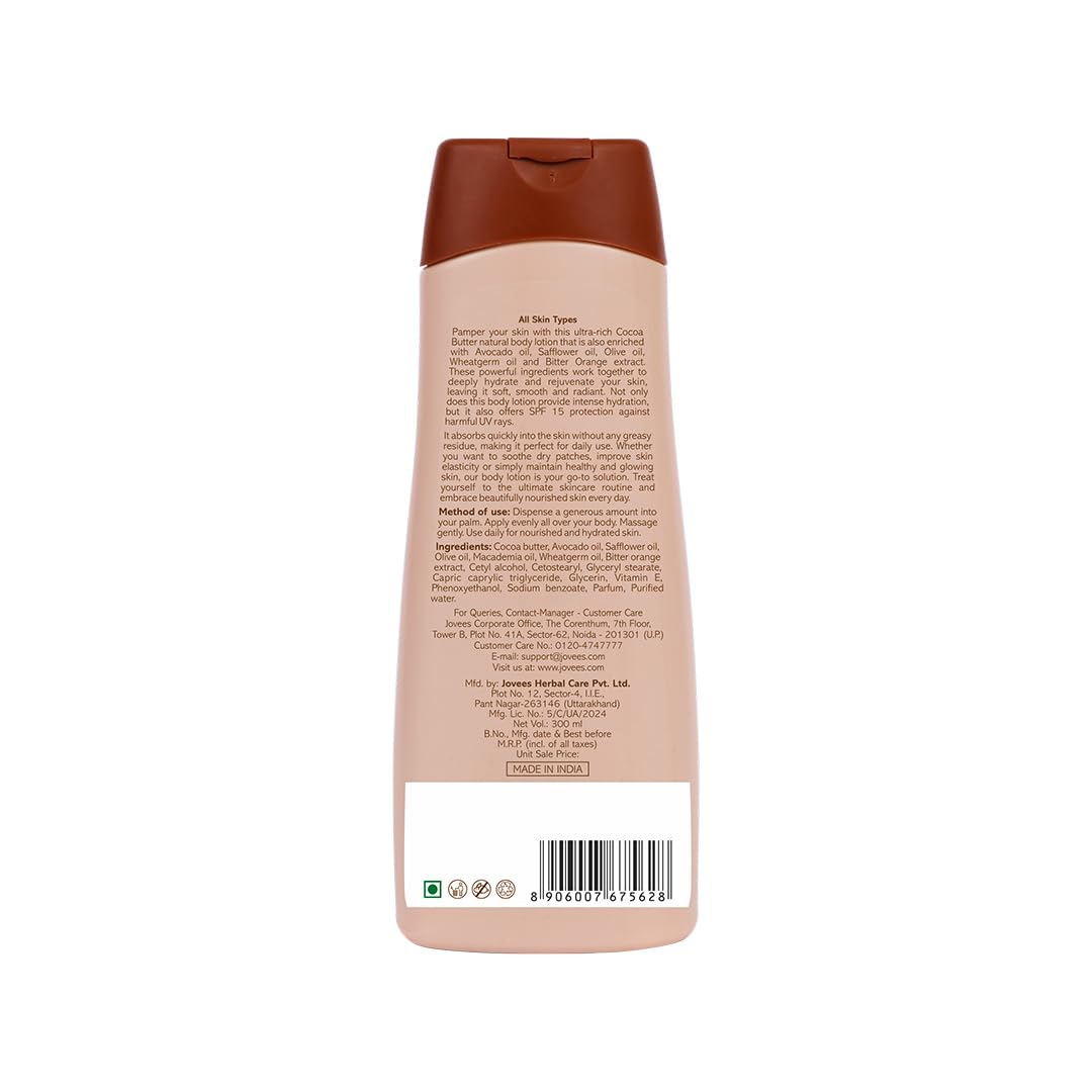 Jovees Cocoa Butter Hand & Body Lotion Ultra Rich (300ml) Hydrate | Glow skin | Anti - ageing | Paraben and Alcohol Free | Avocado | Wheat Germ Oil | Daily Use | All Skin Types