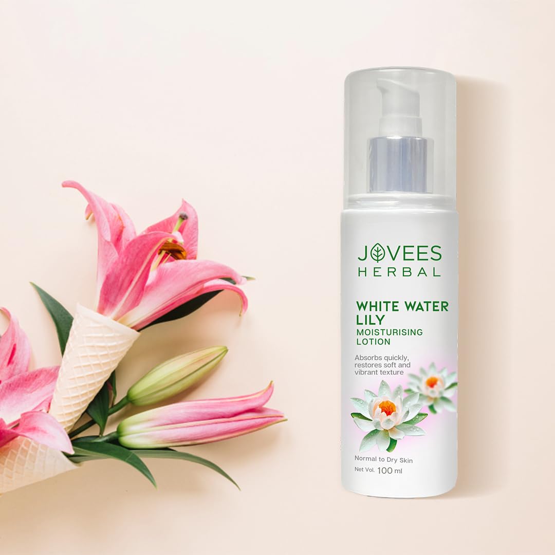 Jovees White Water Lily Moisturizing Lotion (100ml) For Normal to Dry Skin | Lightweight, Non - Sticky, Optimum Moisturization | Aloe Vera Juice | Strawberry Extract | 100% Natural