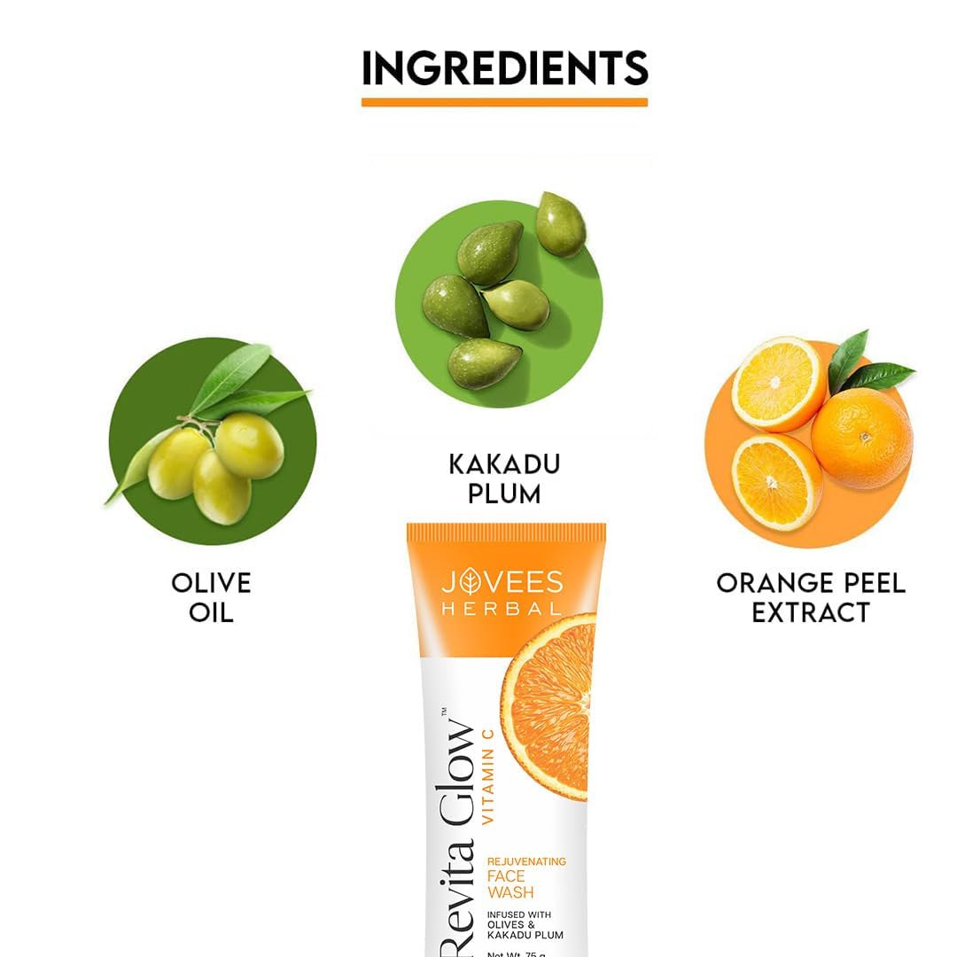 Jovees Herbal Vitamin C Face Wash (75gm) Revita Glow | Vitamin C Rejuvenating Facewash | Lightening | Brightening | Anti - Ageing | Infused with Kakadu Plum and Olives | All Skin Types