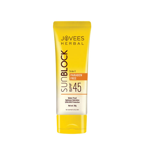 Jovees Herbal Sun Block Sunscreen SPF 45 (20 gms) Lightweight And Water Proof | UVA/UVB Protection, Moisturization | For Dry Skin