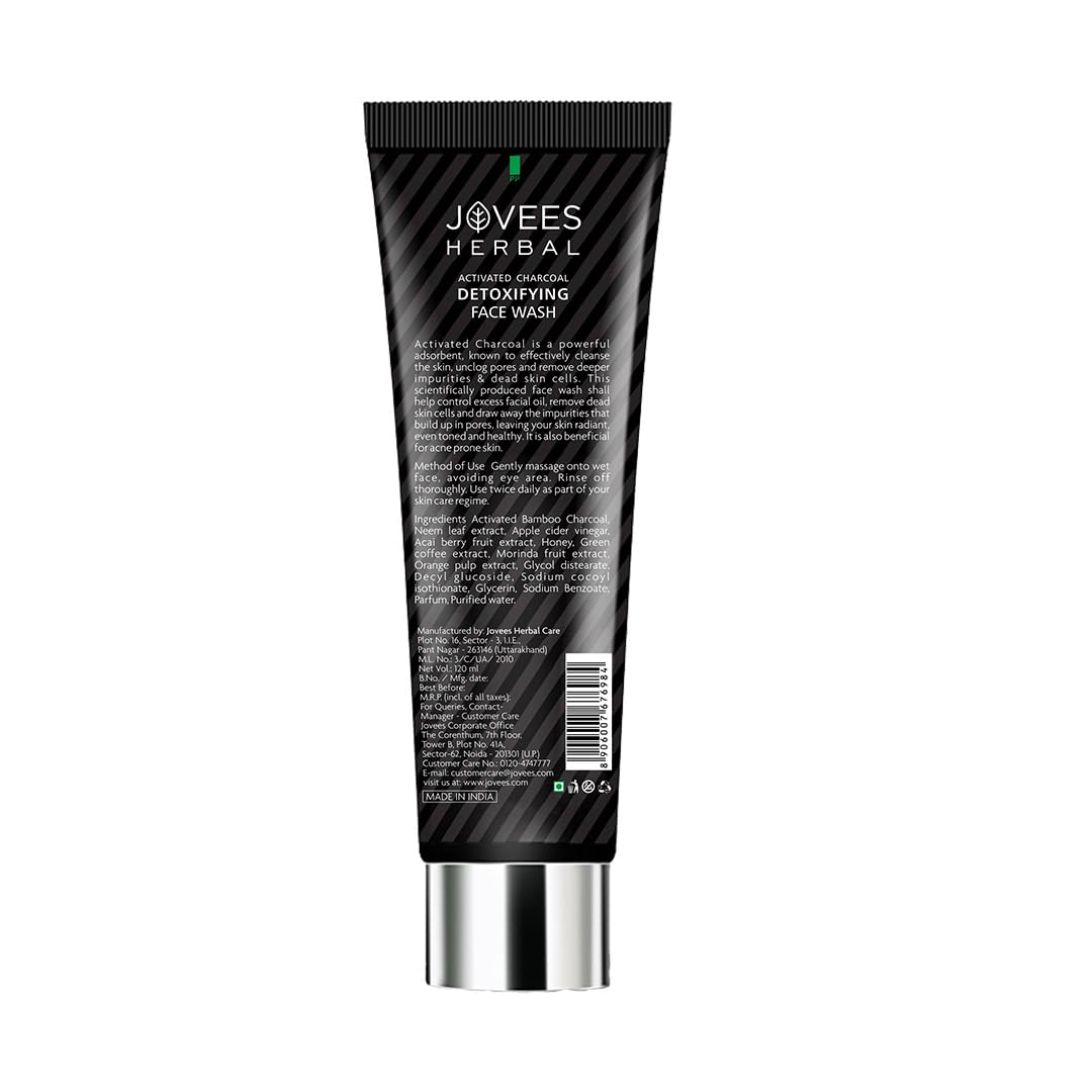 Jovees Activated Charcoal Detoxifying Face Wash (120ml) Anti Pollution | Deep Pore Cleansing | Oil Control | Removes Dirt & Impurities | Smooth Suitable for Acne Prone Skin | All Skin Types