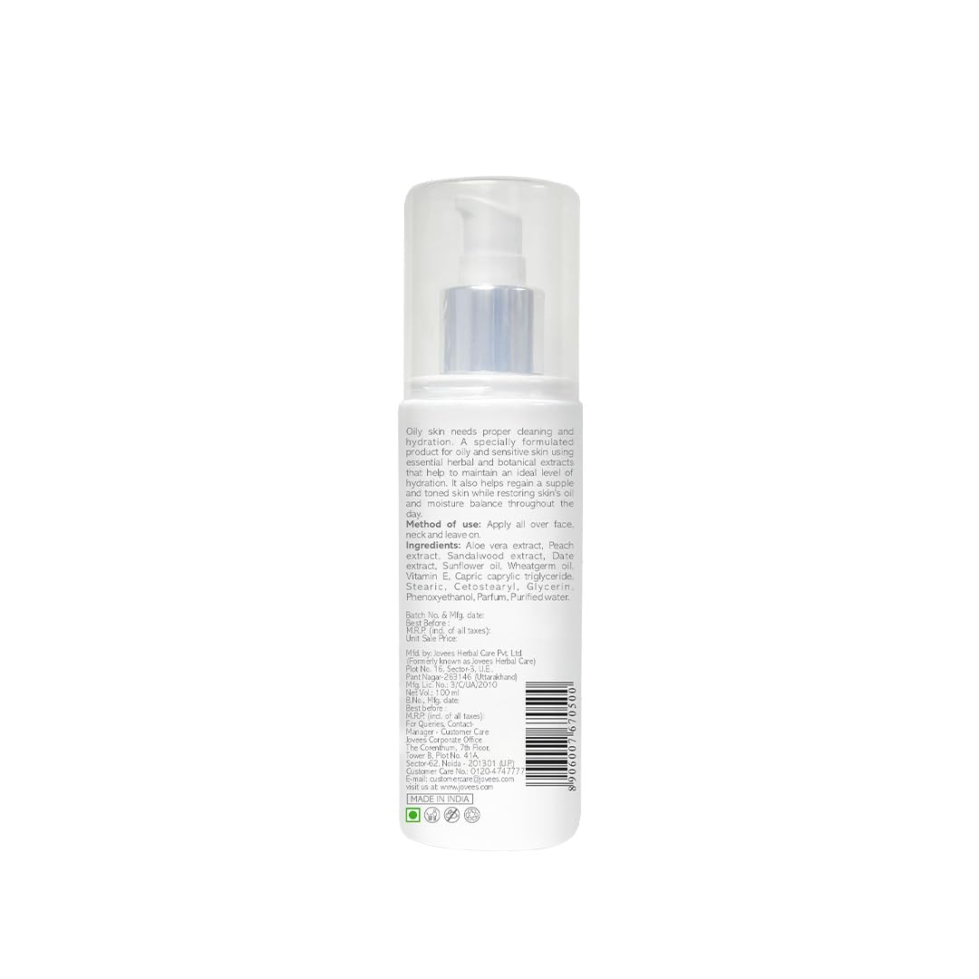 Jovees Aloe Vera Moisturising Lotion (100ml) Sandal And Peach Extract | Nourishes, Heals and Hydrates Skin, Regeneration, Anti - Inflammatory | Vitamin E | For Oily & Sensitive Skin