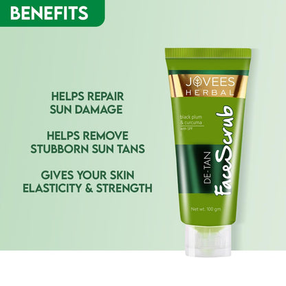 Jovees Detan Face Scrub With SPF (100gm) Contains Turmeric, Aloe Vera, Black Plum Extracts | Gently Removes Dead Skin | Removes Tanning | For All Skin Types