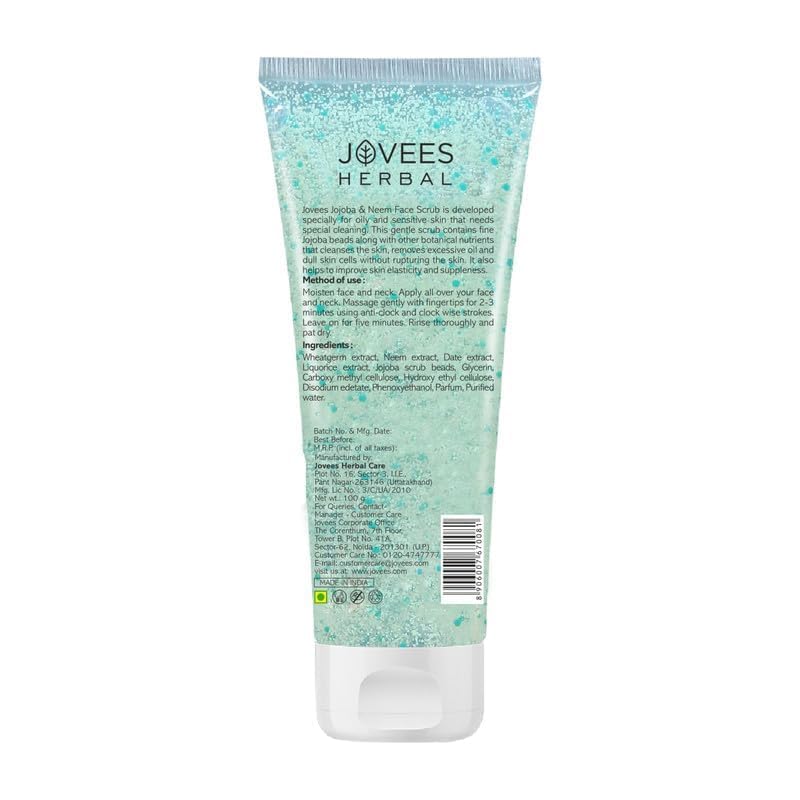 Jovees Herbal Jojoba & Neem Face Scrub (50gm) With Neem & Wheatgerm Extract | Gently Removes Dead Skin | Reduces Signs Of Premature Ageing | For Oily & Sensitive Skin