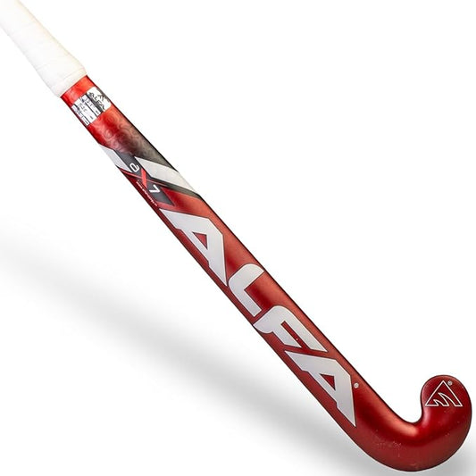 ALFA AX7 Hockey Stick | Color: Red | Sizes : 37.5" | Material: 70% Carbon Composite | Gender: Unisex | Extra Low Bow for Drag Flicks | Optimized Lightweight Design | Durable High-Performance Stick | Versatile for All Playing Styles | Comes with Stick Bag.