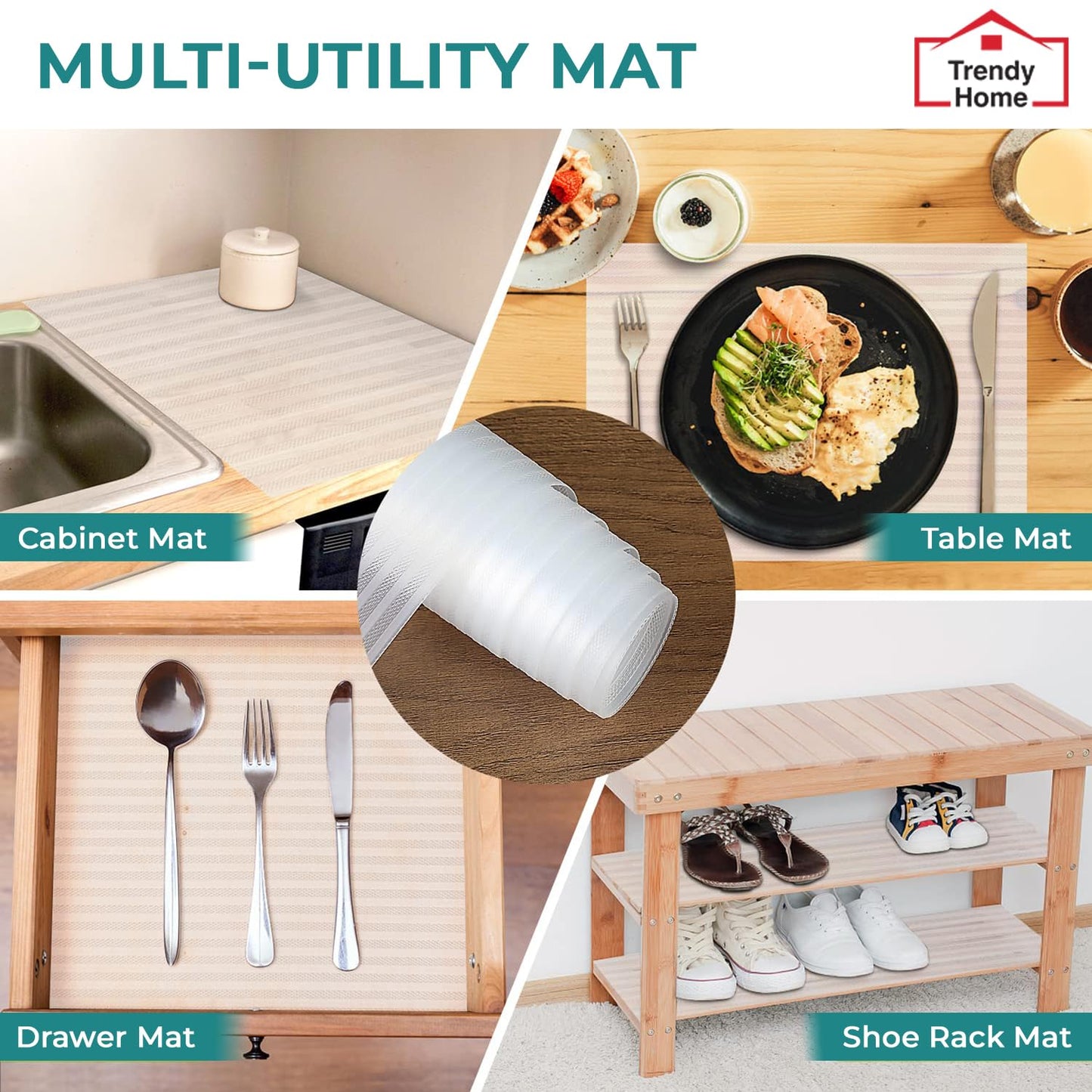 Senego Multipurpose Anti-Slip Mat for Kitchen (45 cm x 5 m), Food Grade & Washable, Mat for Fridge, Shelves, Cupboards, EVA Shelf Liner Sheet for Drawers & Wardrobe (Stripe Texture, White)