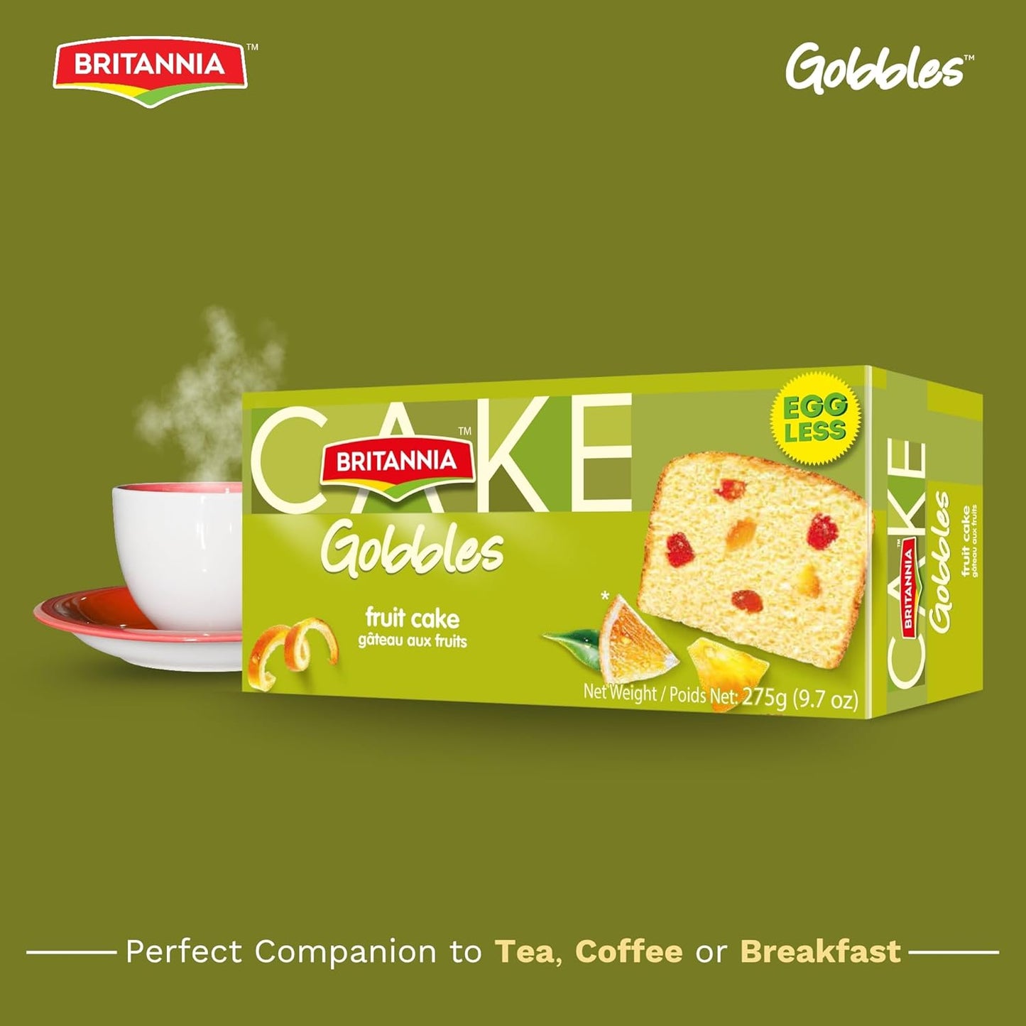 Britannia Gobbles Eggless Fruit Cake | Soft & Delicious Tea Snack with Rich Fruit Bits Perfect for Breakfast & Tea Time 9.7oz (275g) Pack of 1