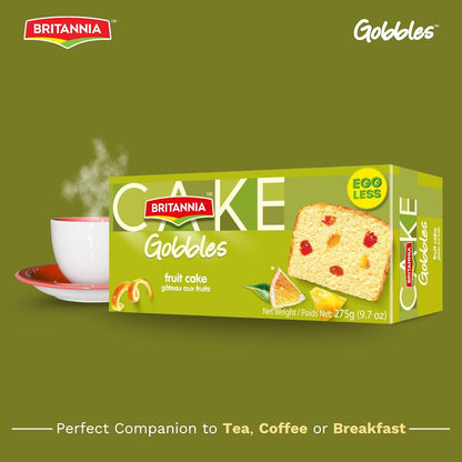 Britannia Gobbles Eggless Fruit Cake | Soft & Delicious Tea Snack with Rich Fruit Bits Perfect for Breakfast & Tea Time 9.7oz (275g) Pack of 1