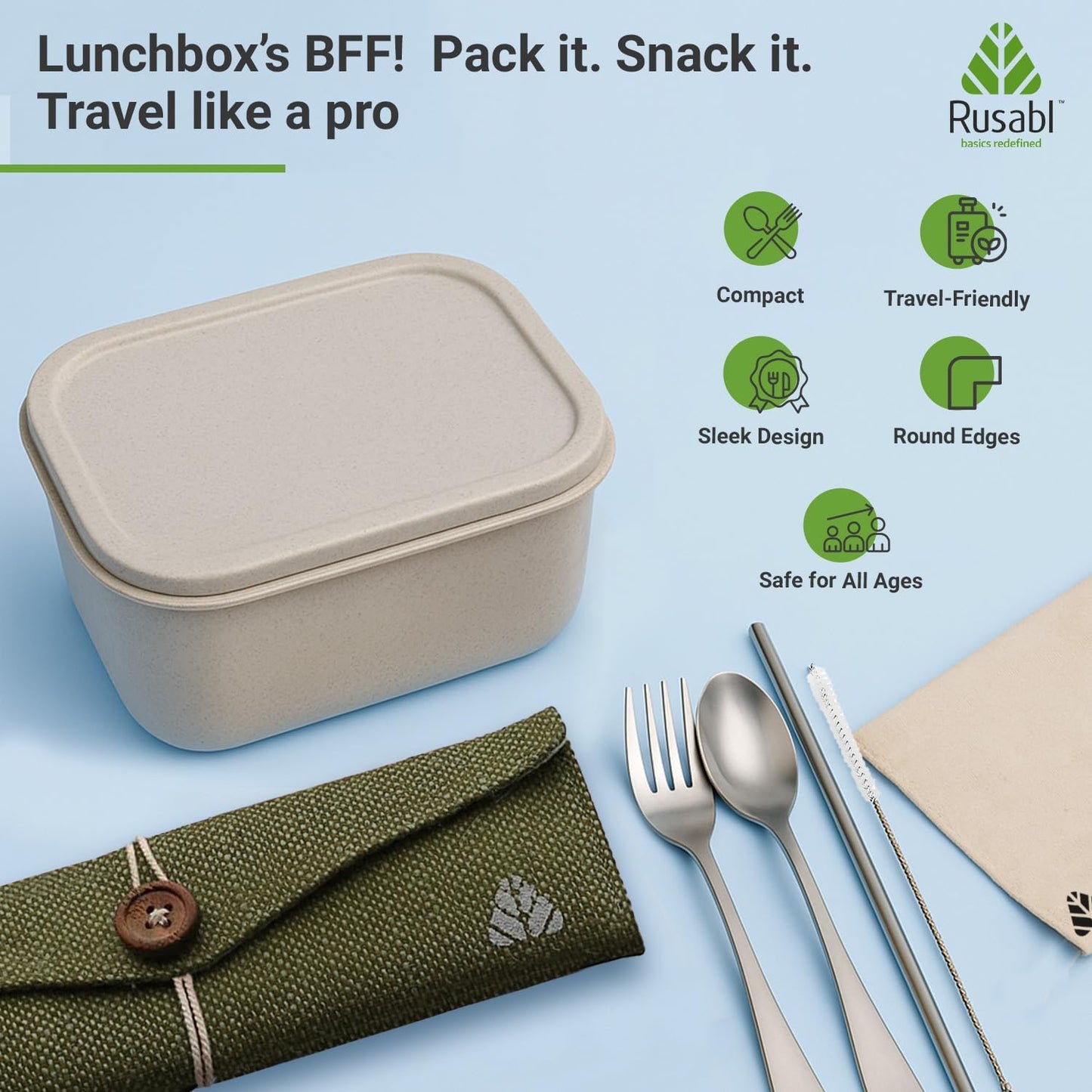 Rusabl Stainless Steel Cutlery Set Reusable Travel for Daily Use, Gifting and Traveling, Spoon and Fork Set (Spoon, Fork, Steel Straw, Cleaner, Napkin and Jute Pouch (Green)