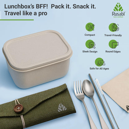 Rusabl Stainless Steel Cutlery Set Reusable Travel for Daily Use, Gifting and Traveling, Spoon and Fork Set (Spoon, Fork, Steel Straw, Cleaner, Napkin and Jute Pouch (Green)