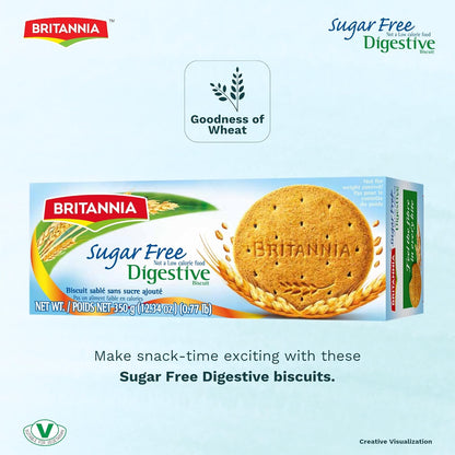 BRITANNIA Digestive Sugar Free Biscuits | Whole Wheat Flavor Cookies - Breakfast & Tea Time Healthy Snacks (Pack of 1) (350g)