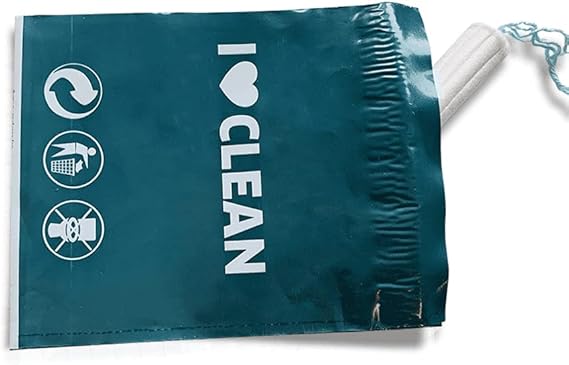 Teal bag with 'I ❤️ Clean' text and cleaning symbols on a white background