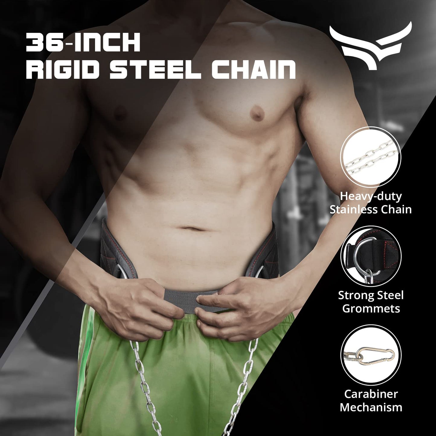 XTRIM Unisex Dipping Belt with Adjustable 36-inch Heavy-duty Steel Chain for Gym & Fitness Workout and Strength Training, Contoured-Shape, Carabiner Mechanism (Black)