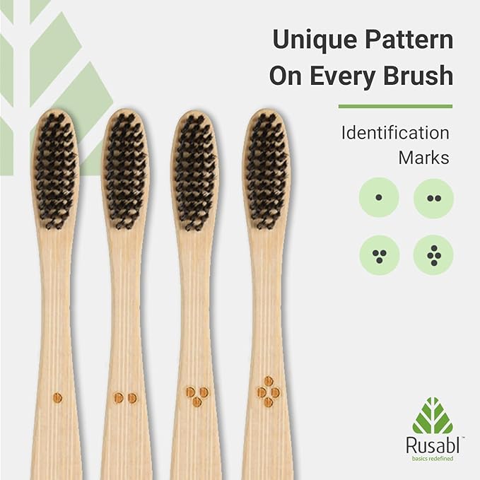 Rusabl Organic Bamboo Toothbrush for Adults (Pack of 4) Manual, Charcoal Activated Soft Bristles, Identification Marks, Biodegradable, Anti-Bacterial, Eco-friendly, Natural