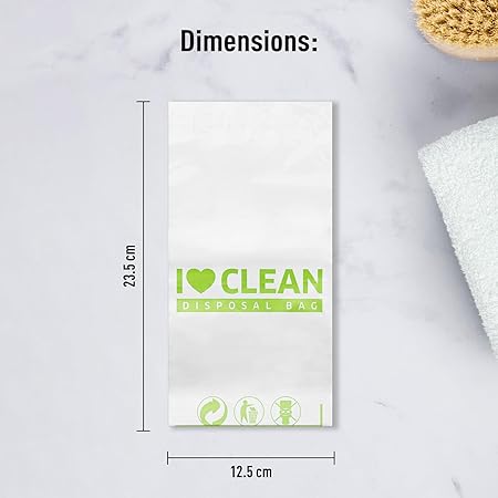 I Love Clean disposal bag packaging with dimensions on a marble surface