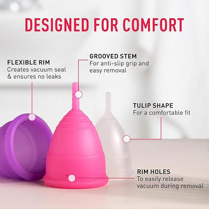 Menstrual cup with features highlighted on a light background