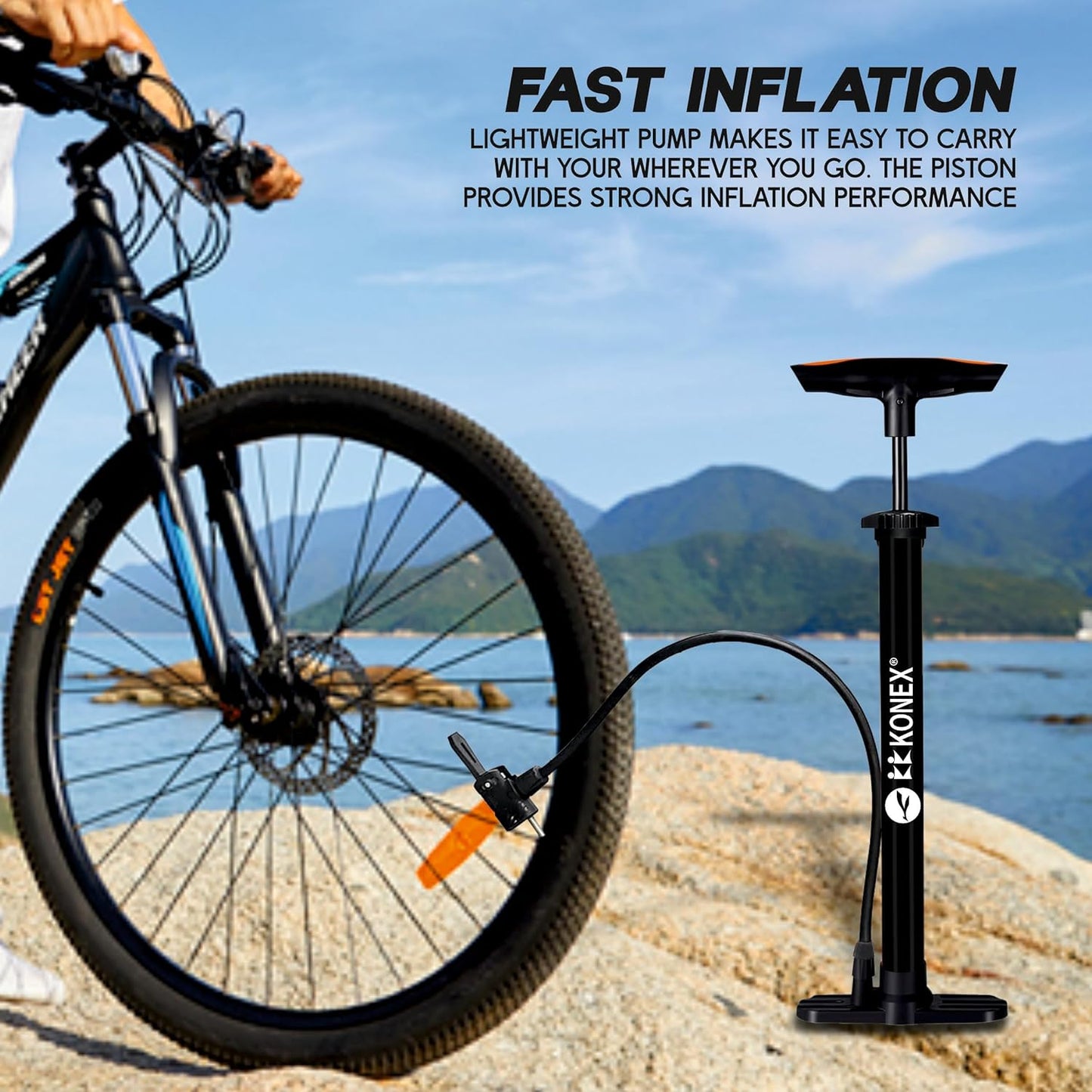 Konex Portable Air Pump with Needle & Dual Valve | Ergonomic Grip with Sturdy Base | Ideal for Inflating Cycle Tyres, Sports Balls, Swimming Rings, Balloons