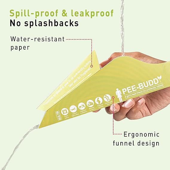 Pee-Budd product with text highlighting features on a light green background