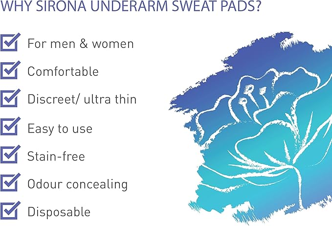 Sirona underarm sweat pads advertisement with features listed and a blue abstract design.