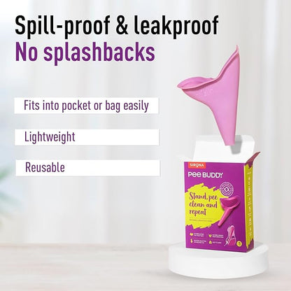 Purple and white product with text highlighting features on a light gray background
