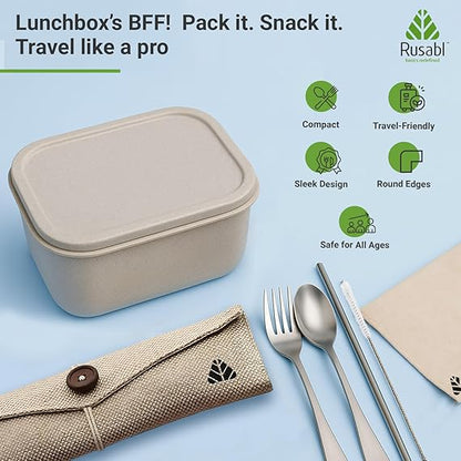 Rusabl Stainless Steel Cutlery Set | Reusable Travel Flatware for Daily Use, Gifting and Traveling (Spoon, Fork, Steel Straw, Straw Cleaner, Napkin in Beige Jute Pouch)