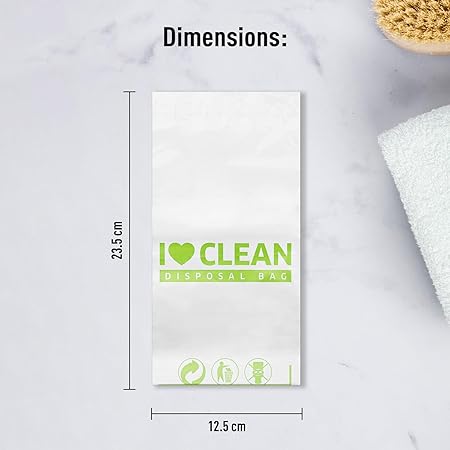 I Love Clean disposal bag with dimensions on a marble surface