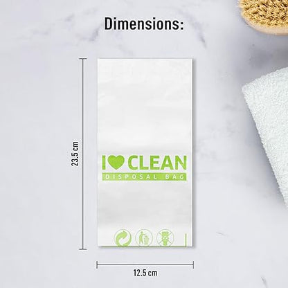 I Love Clean disposal bag with dimensions on a marble surface