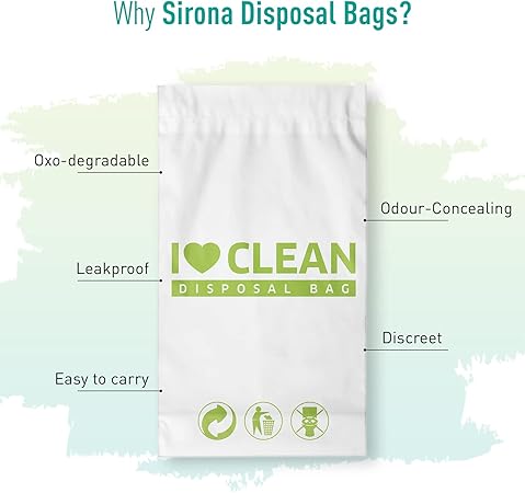 I Love Clean disposal bag with features listed on a light green background