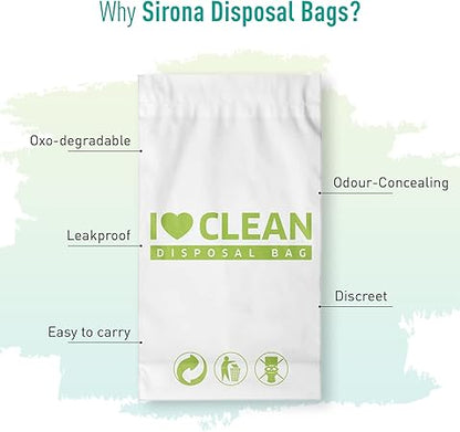 I Love Clean disposal bag with features listed on a light green background