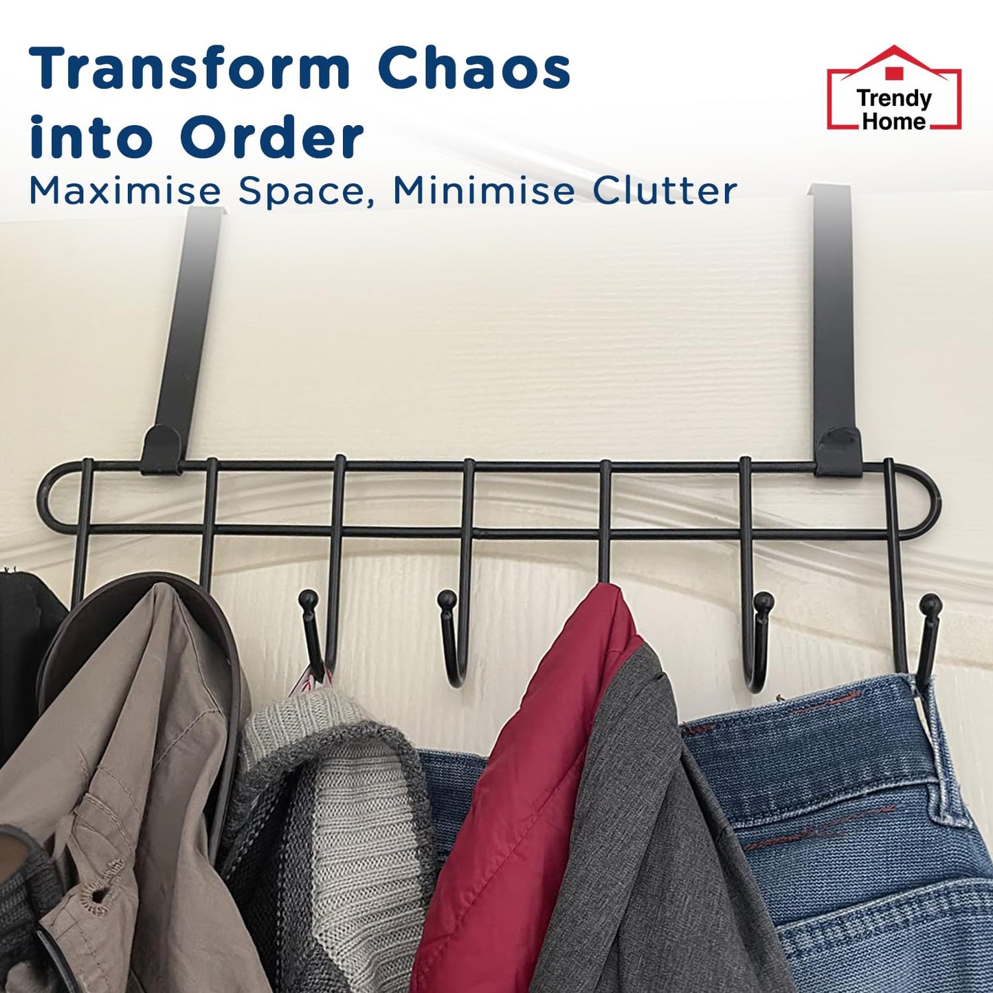 Trendy Home Over-The-Door Hook (Pack of 2) Heavy-Duty Over Door Hanger Holder for Coat Hanging, Robe, Hat, Clothes, Towels, Bathroom Organiser, Towel Rack, 7 Hooks, Matte Black