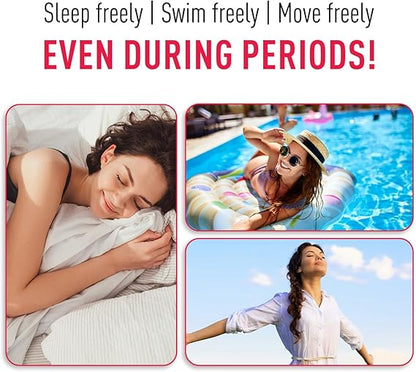 Three images of a woman relaxing: sleeping, swimming, and exercising. Text encourages freedom during periods.