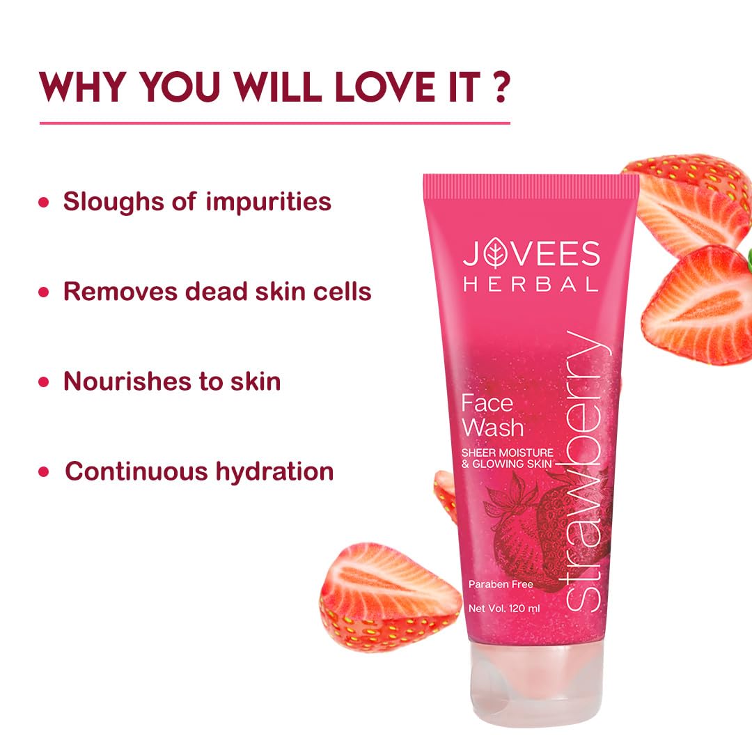 Jovees Strawberry Face Wash with Strawberry Extracts (120ml) For Normal to Dry Skin | Treats Wrinkles | Soft | Deep Cleansing | Vitamin E & Jojoba | For Women/Men | For Hydrating & Glowing Skin