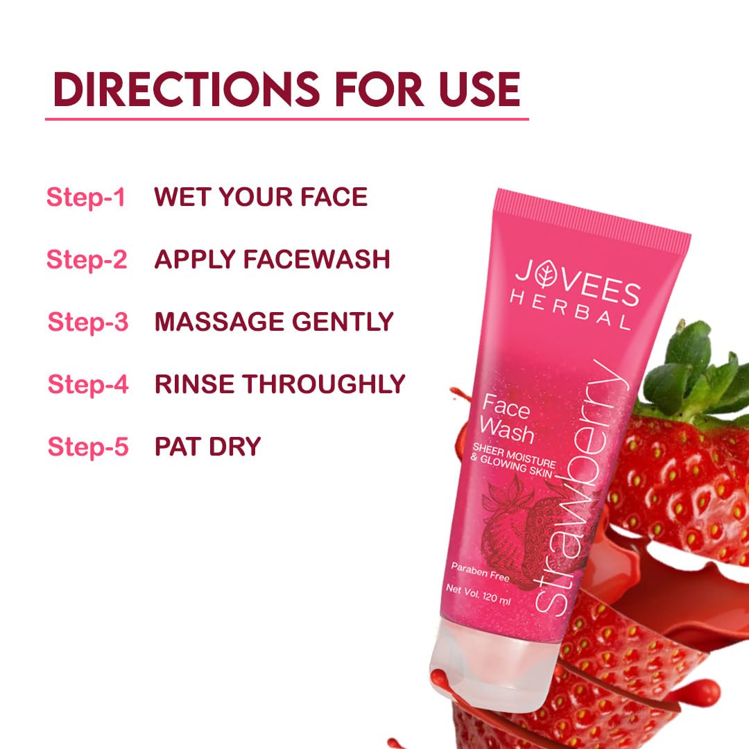 Jovees Strawberry Face Wash with Strawberry Extracts (120ml) For Normal to Dry Skin | Treats Wrinkles | Soft | Deep Cleansing | Vitamin E & Jojoba | For Women/Men | For Hydrating & Glowing Skin